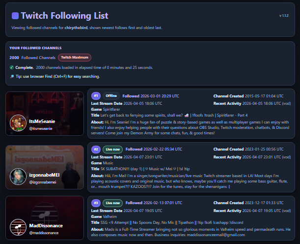 Twitch Following List app preview