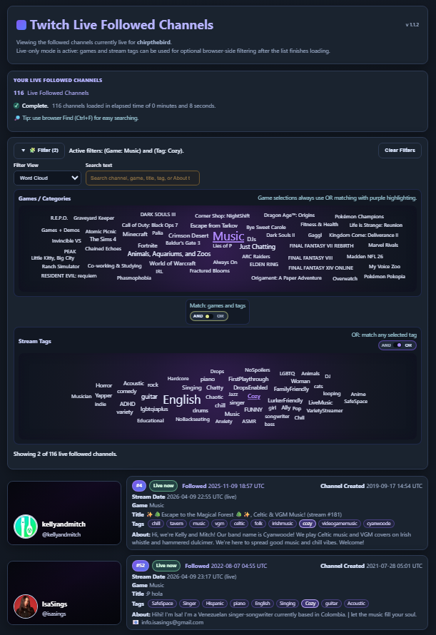 Twitch Live Followed Channels app preview